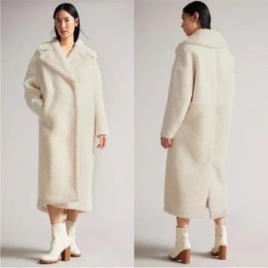 NEW Ted Baker Emiliyy Mixed Fabric Faux Fur Cocoon Coat Ivory White Size 6